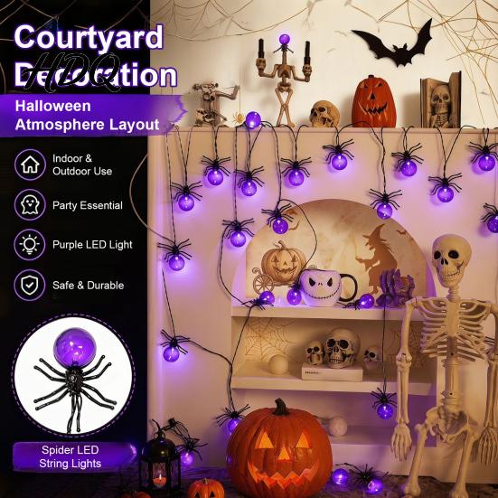 Halloween Spider String Lights 10/20FT Light Battery Powered Purple LED Large Spider/Bat Garland Spooky DIY Atmosphere Lamps 20/40 Bulbs Fairy Light