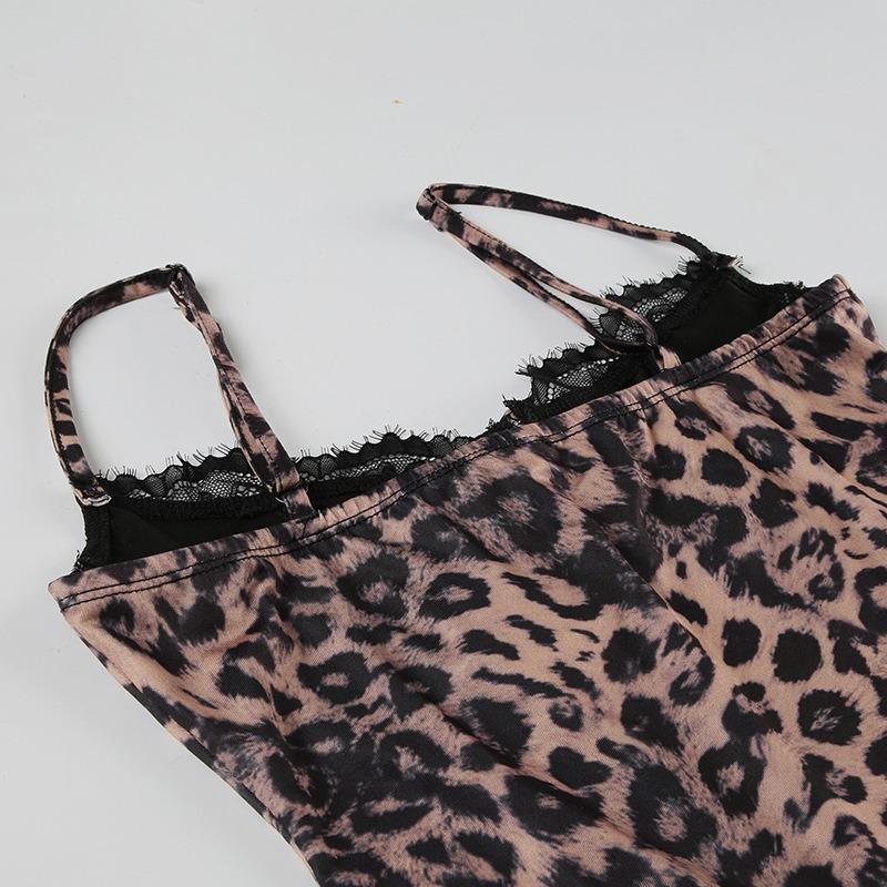 Women's Fashion Sexy Halter Leopard Print Lace Patchwork Receiving Waist Slimming Dress