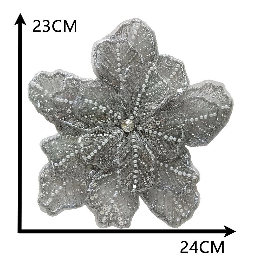 

Lace Beads Sew On Patch Three Layers Dress Decoration Applique Decor Flower Patches for Dress серый
