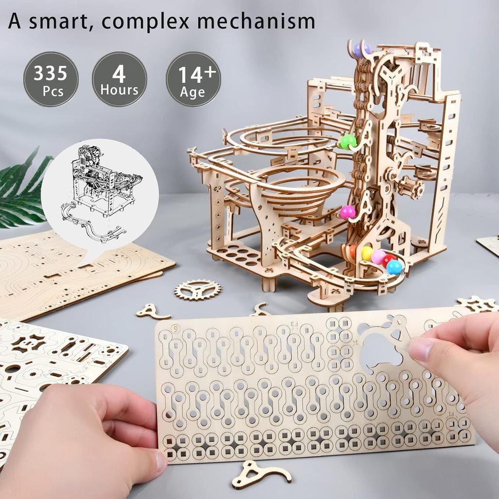 3D Wooden Puzzles Marble Run Chain Kit, Wood Creative Mechanical Puzzles Assembly Model Building Kits to Build for Adults & Kids, DIY Wooden Puzzle