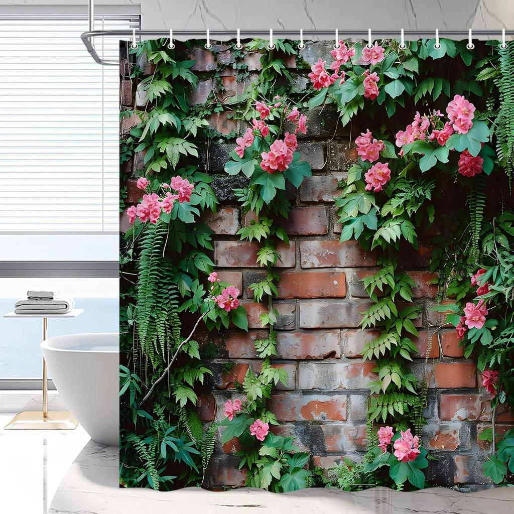 Green Vine Shower Curtain Flower Climbing Wall Plant Green Stone Wall European Rustic Scenery Nature Bathroom Decor Polyester