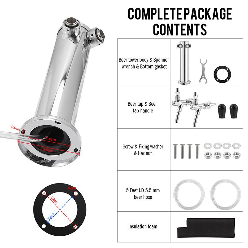 Draft Beer Tower,Dual Faucet Tap Kegerator Tower,3'' Dia. Stainless Steel Column Beer Dispenser with Hose,Wrench,Brewing Bar Kit