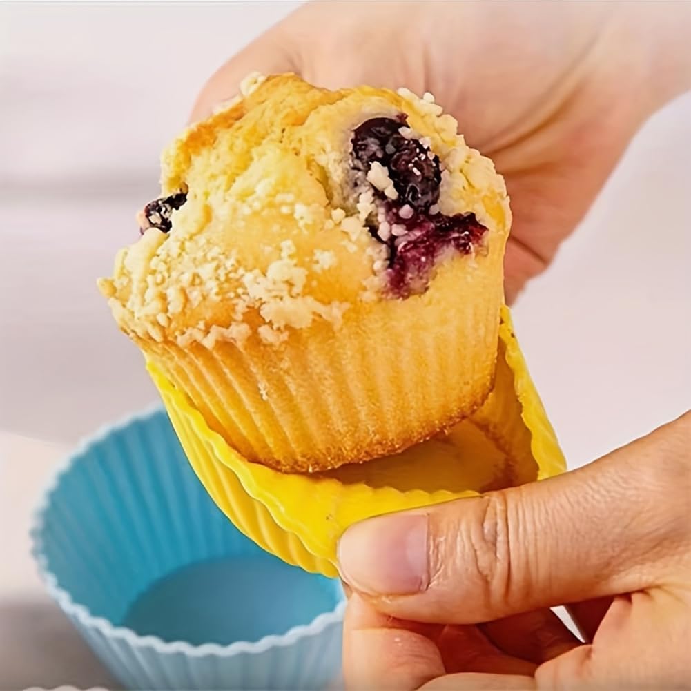 12Pcs Silicone Baking Cups, Reusable Non-Stick Cupcake Liners & Round Molds, Dishwasher Safe