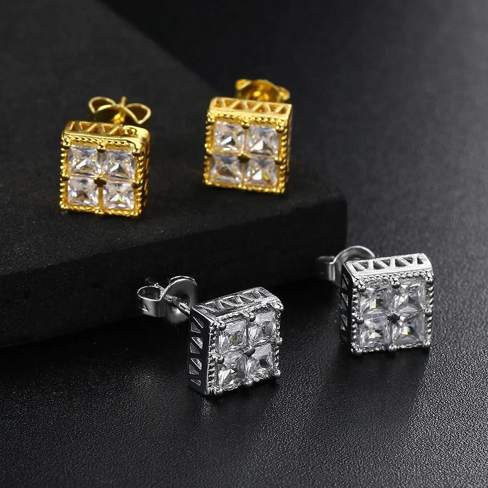 Square Cubic Zirconia Stud Earrings for Women and Men Noble Weddings Parties Jewelry Gift Hip - Hop Fans Accessories
