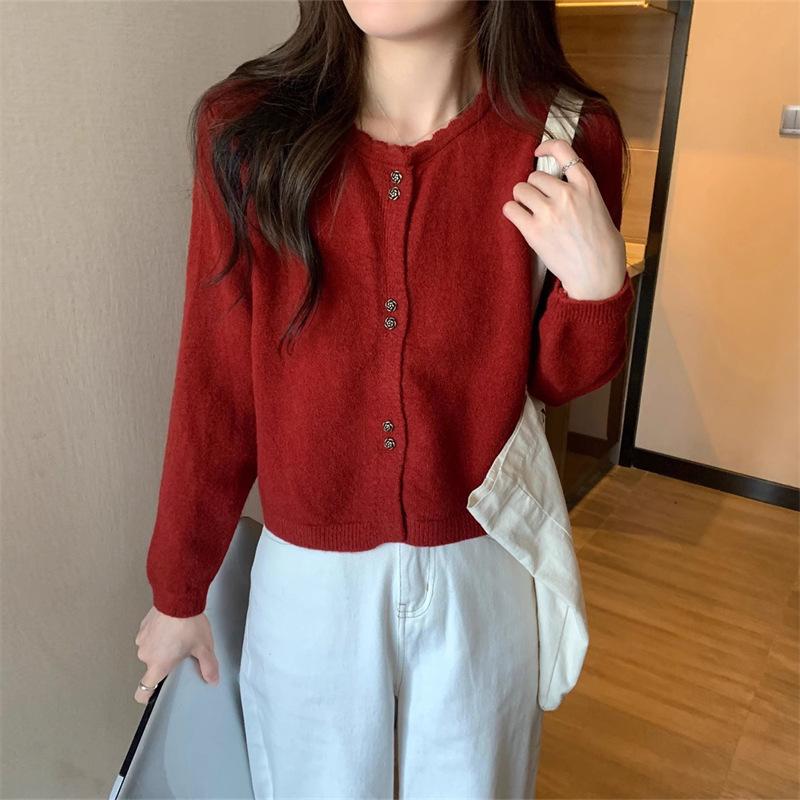 

Женский короткий круглый вырез с длинными рукавами вязаный свитер кардиган куртка для женщин S красный