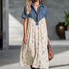 Damen Denim Patchwork Bedrucktes Lässiges Lockeres Maxikleid