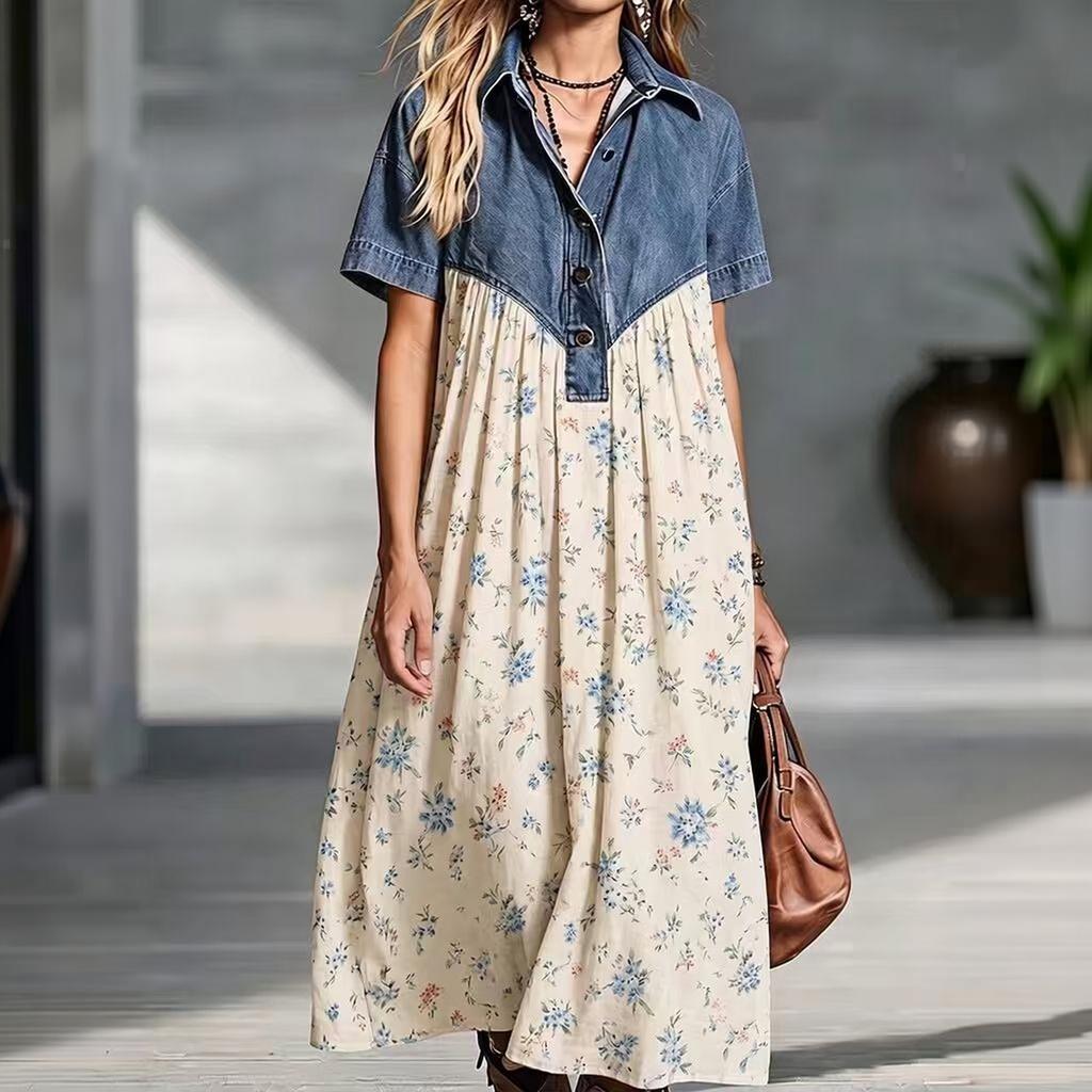 Damen Denim Patchwork Bedrucktes Lässiges Lockeres Maxikleid