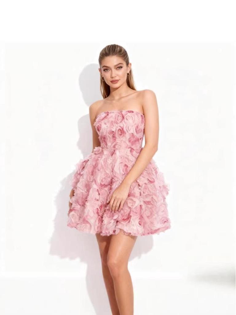 2026 Elegant French V-neck Spaghetti Strap Patchwork Rose Dress for Women