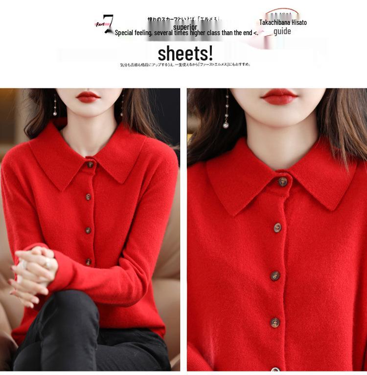 Korean-Style Women's Loose Cashmere Knitted POLO Cardigan Sweater