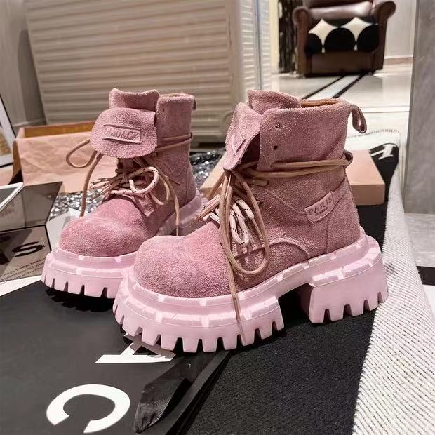 

2025 ранняя осень новые двухсторонние ботильоны на платформе с отворотом, шнуровка спереди, полированные ботинки Мартин, универсальные ботинки в стиле милитари, женские ботинки 37 светло-фиолетовый