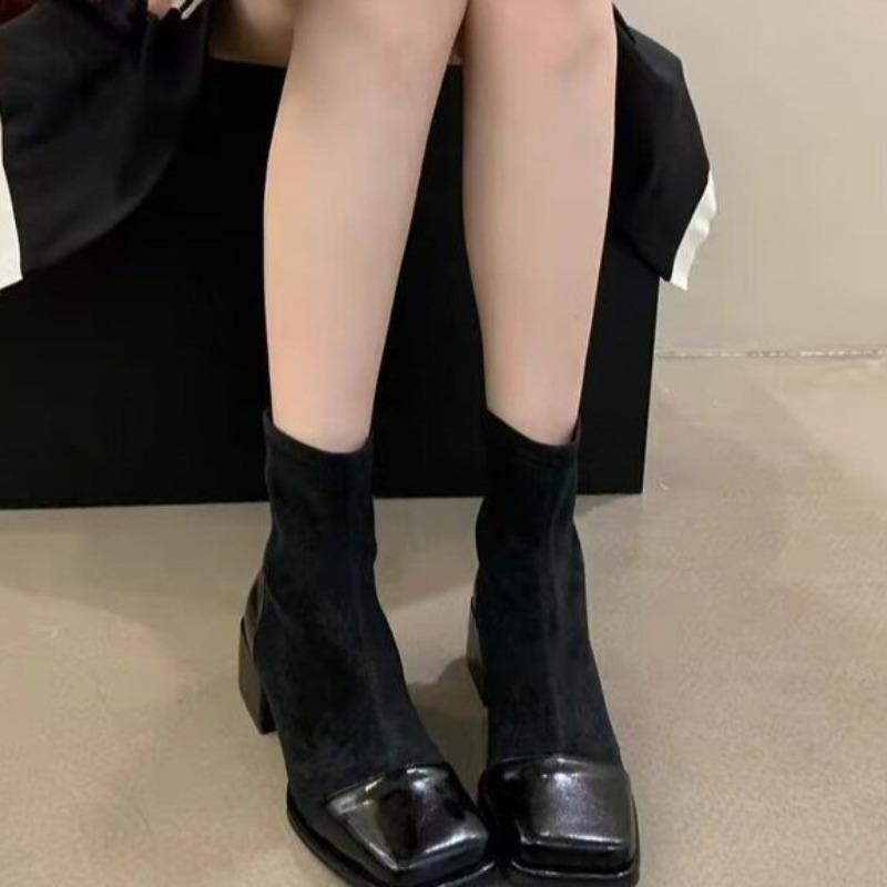 Spliced Block Heel Single Boots Autumn New Square Toe Spliced Zipper Soft Sole Non-Slip Wear-Resistant Single Shoes