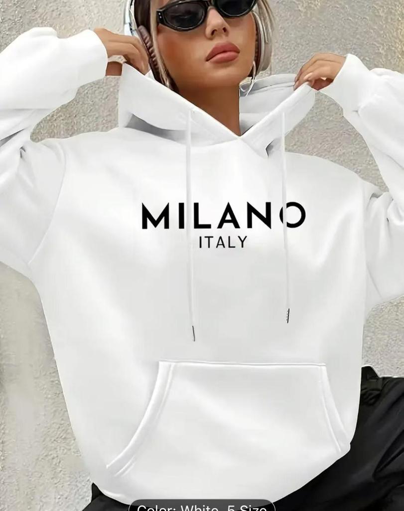 Damen Retro Kapuzenpullover Jacke mit Buchstabenprint - Mittellang, Locker, Langärmelig für Herbst/Winter