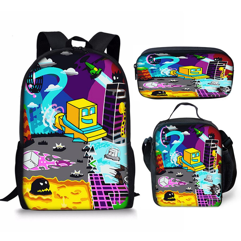 Hip Hop Popular Funny Geometry Dash 3D Print 3pcs/Set pupil School Bags Laptop Daypack Backpack Crossbody Lunch bag Pencil Case