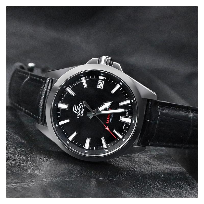 Casio EDIFICE Sapphire Mirror Waterproof Quartz Movement Leather Strap Japanese and Korean Watch Men's Watch Black Dial EFB-107L-1AVUPR
