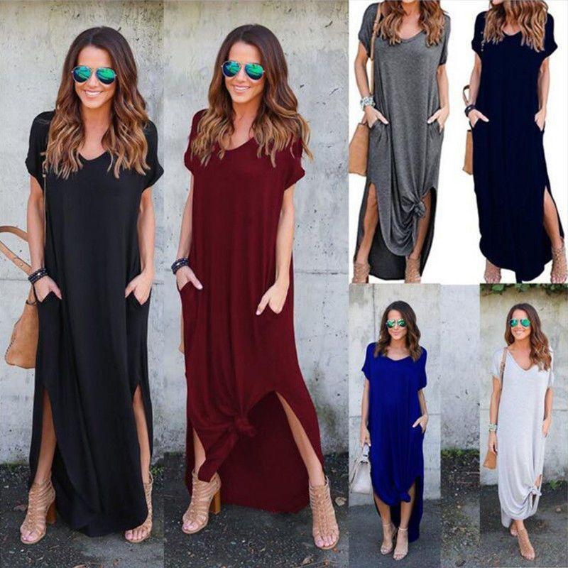 Polyester Vneck Pocket Split Long Dress For Casual Summer Wear