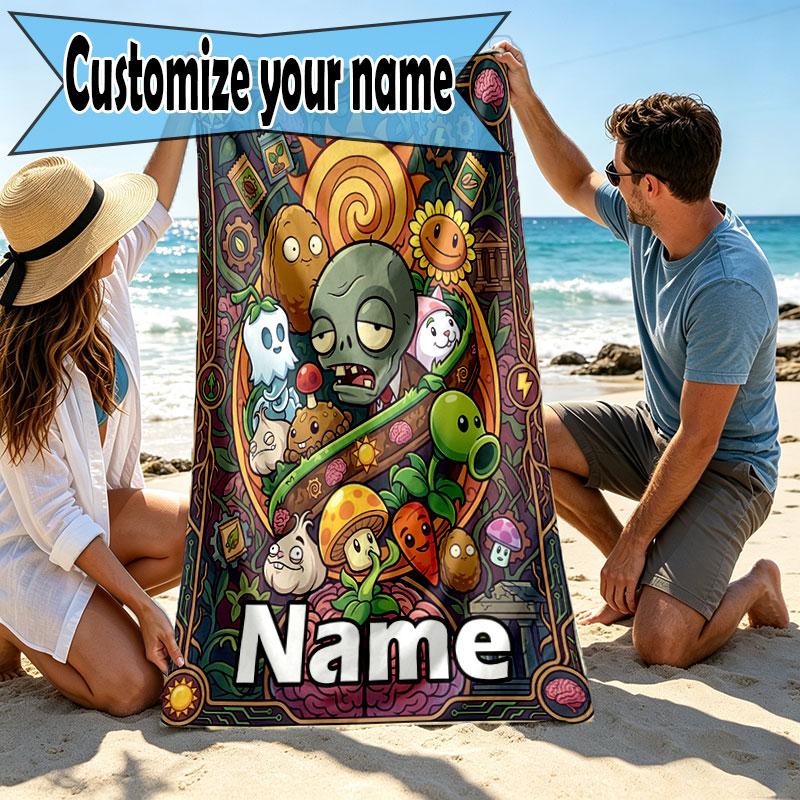 Custom Name Personalized Plants VS Zombies Print Beach Towel, for Trip Camping Beach Party Home Decor, Birthday Gift for Family & Friends
