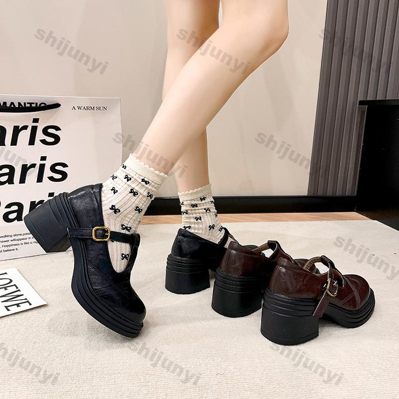 Women's Thick Heel Mary Jane Shoes Women Autumn New British Style Round Head Thick Sole Anti-slip Wear-resistant High Heel Shoes