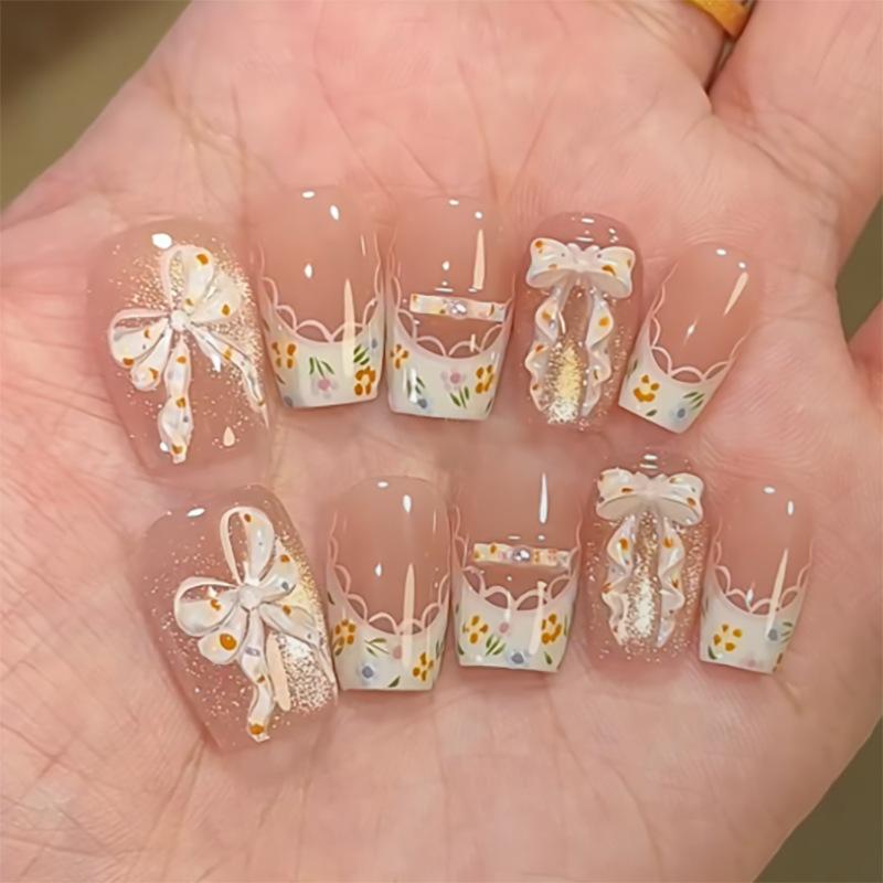 3D bow manicure fake nail short ballet wearable nail piece cat eye hot-selling wearable nail piece