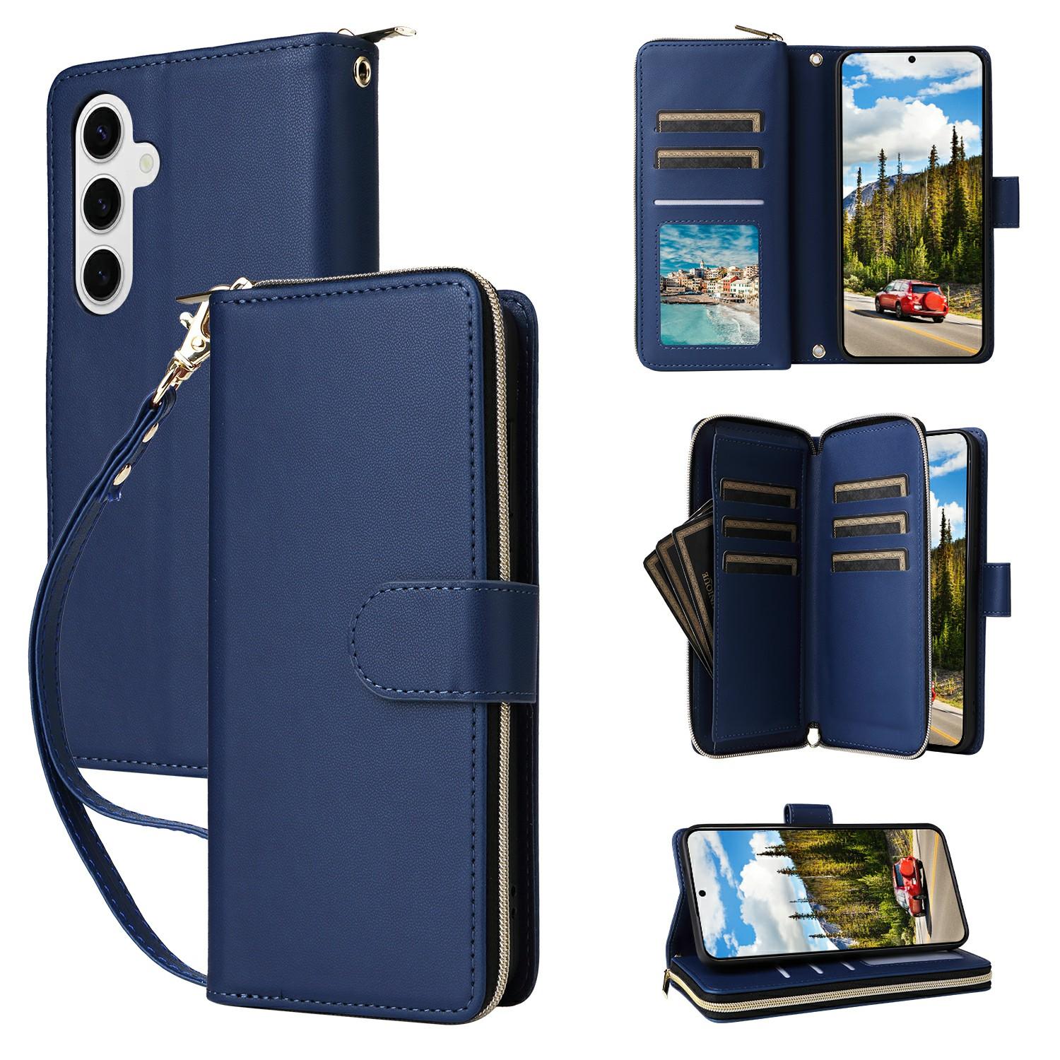 

For Samsung Galaxy S25/S24 Case Zipper Pocket PU Leather Cover with 9 Card Slots E