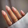Elegant Girly Pink Almond Nails with Gold Thread and Small Flower Design