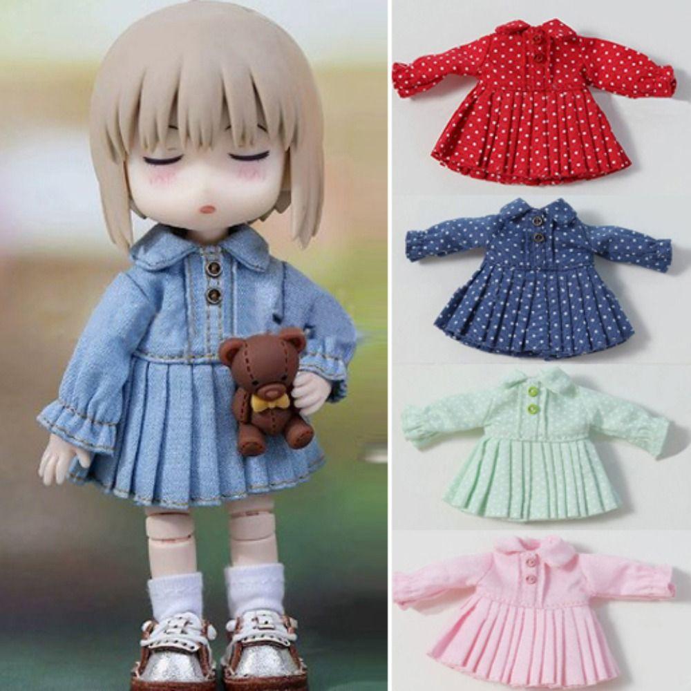Handmade Doll Pleated Skirt Lapel Collar Jeans Dresses for 1/11 OB11 Dolls for 1/12 BJD Dolls