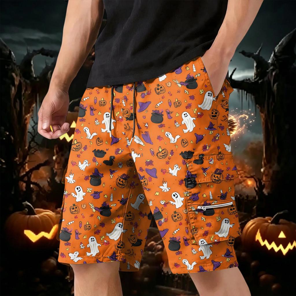 Men's Halloween Multi Pocket Cargo Shorts with Drawstring Waist Lightweight Breathable Casual Outdoor Shorts for Summer