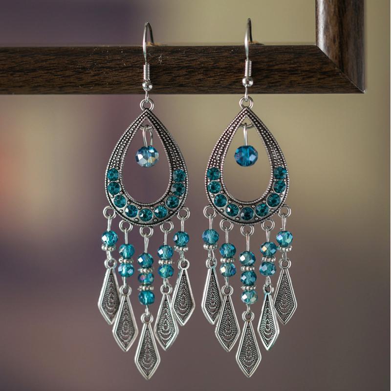 Ethnic Colorful Rhinestone Crystal Tassel Earrings For Women Vintage Niche Water Drop Shaped Earrings Vacation Daily Jewelry