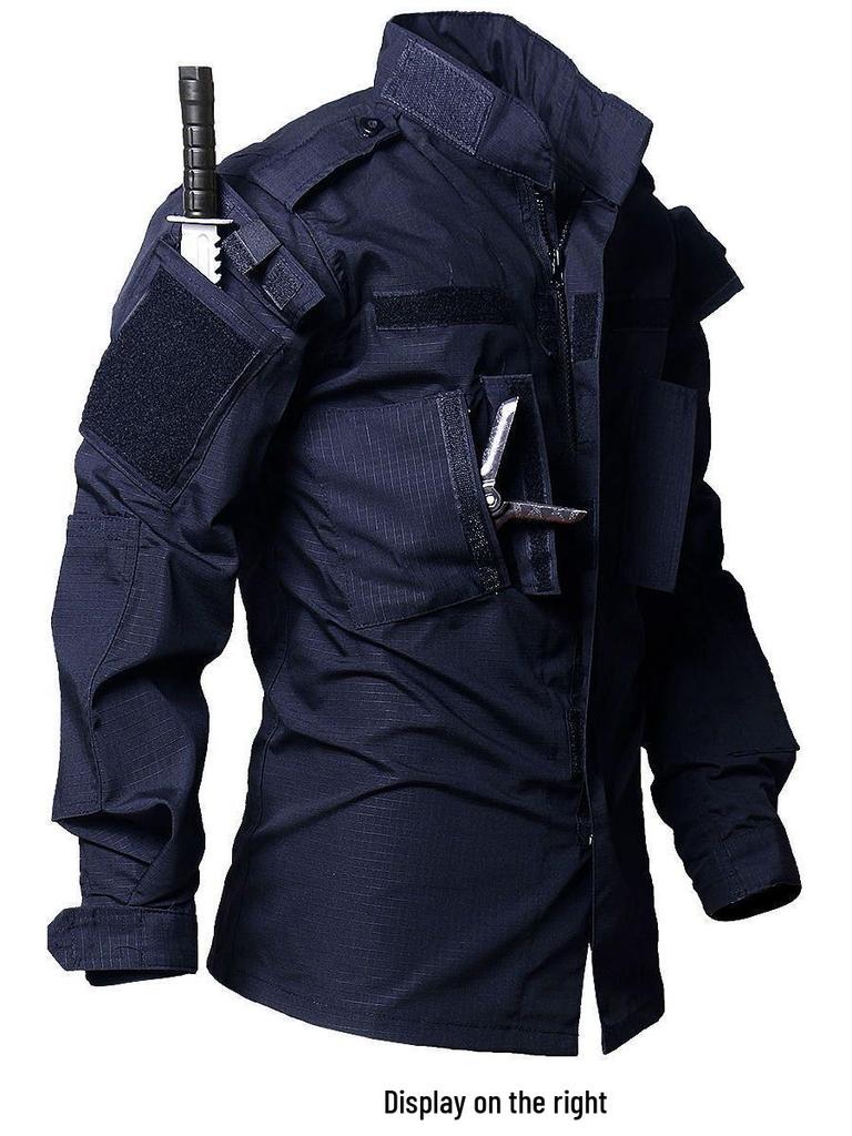 Męski ciemnoniebieski taktyczny garnitur treningowy outdoor: Odporna na ścieranie bojowa kurtka softshellowa