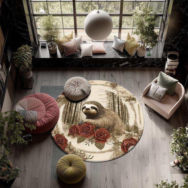 Vintage Rose Animals,Round Area Rug,Carpet Rug for Living Room Bedroom Sofa Playroom Decor,Non-slip Floor Mat
