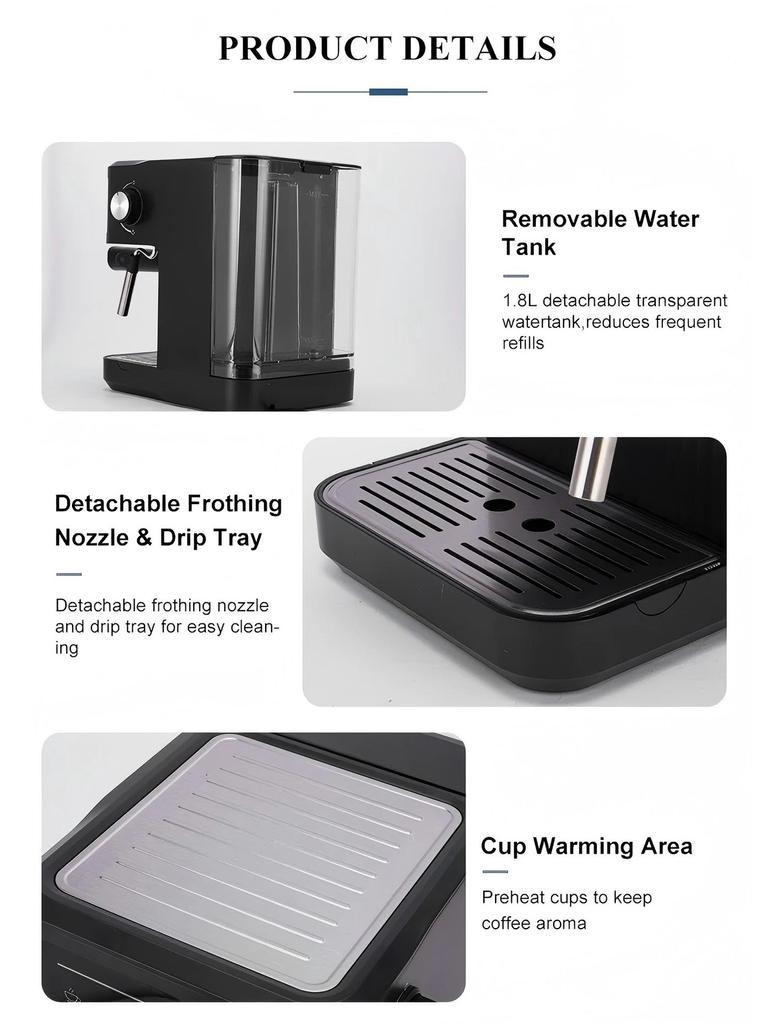 Italian Semi-Automatic Espresso Machine - 20 Bar Pressure with Milk Frother, Compact for Household Use