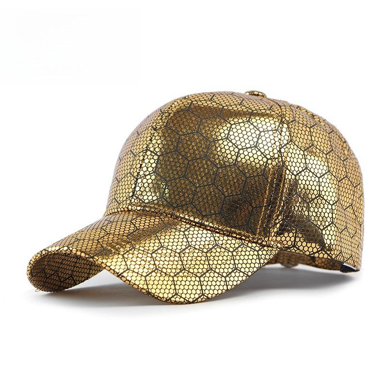 Unisex Gold Metallic Baseball Cap Shiny Honeycomb Pattern Structured Hip Hop Streetwear Sun Peaked Hat Futuristic Cap Adjustable 55-60cm