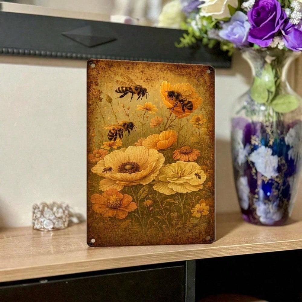 Vintage Metal Tin Sign 12x8 Inch Bees & Poppies Floral Wall Art Retro Farmhouse Iron Plaque Easy to Hang Home Decor