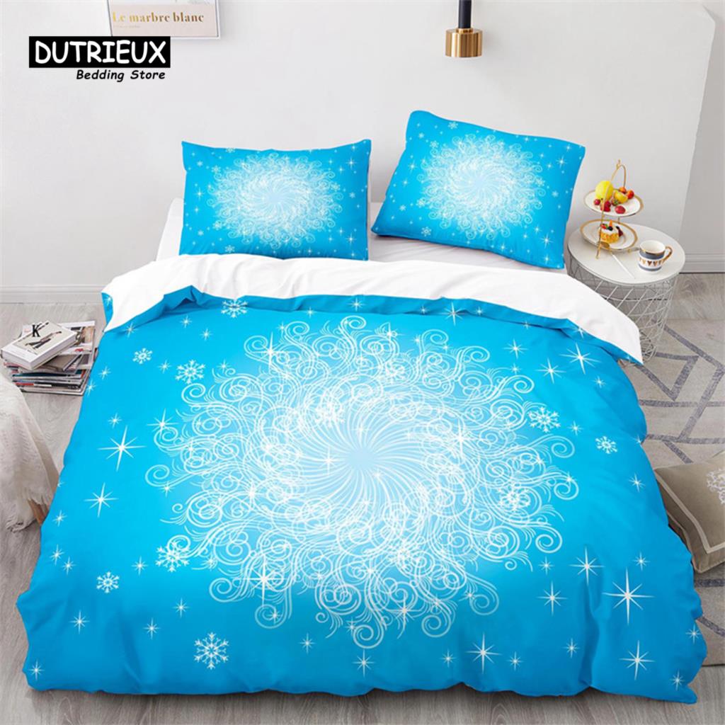 Schneeflocken Bettbezug Winterthema Geometrisches Muster Bettwäscheset Mikrofaser Blau Floral Quiltbezug Für Mädchen Junge Weihnachtsdeko