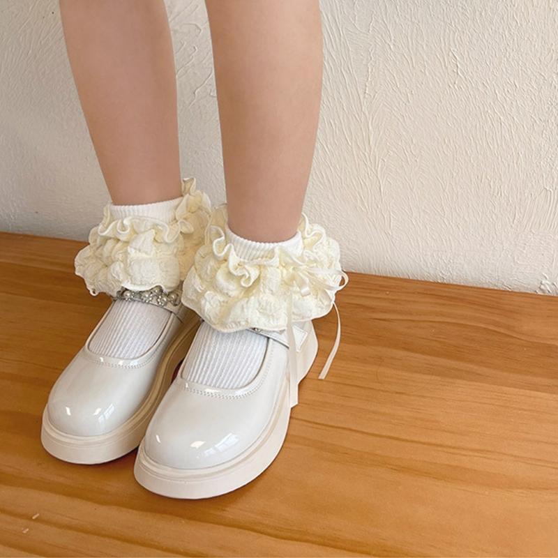 Breathable Cotton Hosiery Socks for Girls Toddler Stretchy Knee High Socks Puff Edge Lace Bows Socks for Autumn Spring