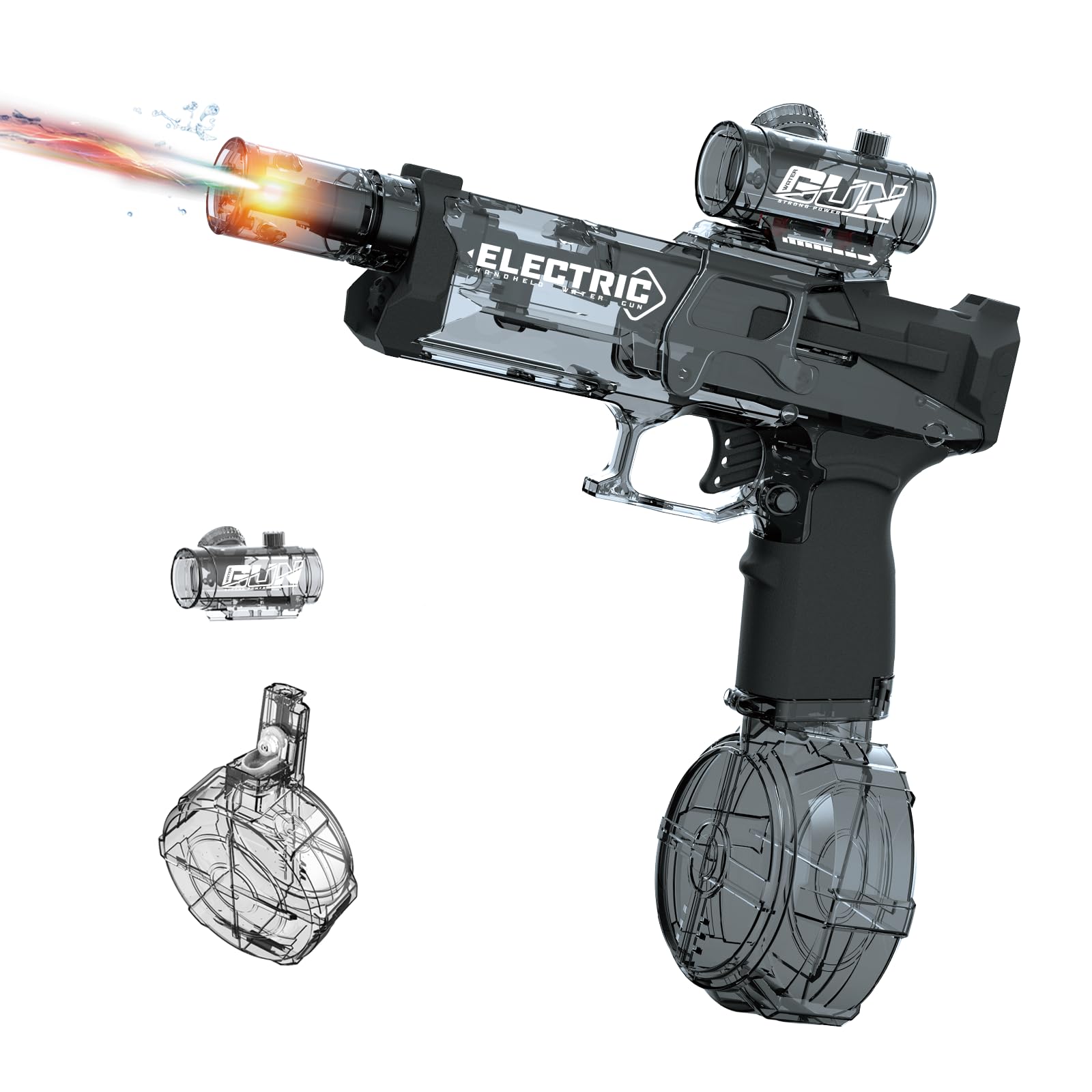 

jomearcreng Автоматический водяной пистолет с непрерывной подачей воды и светодиодной подсветкой, мощный, для детей и летних водных игр, черный свет, давление, дальность 8-10 м, герметичный серый