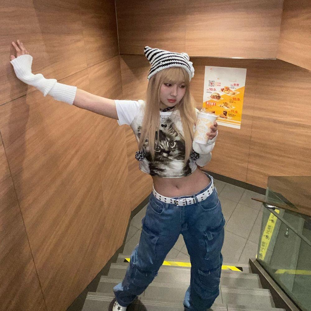 Y2K Pullover Hat Striped Cat Ear Hat Creative Star Knitted Beanie Hat  Winter