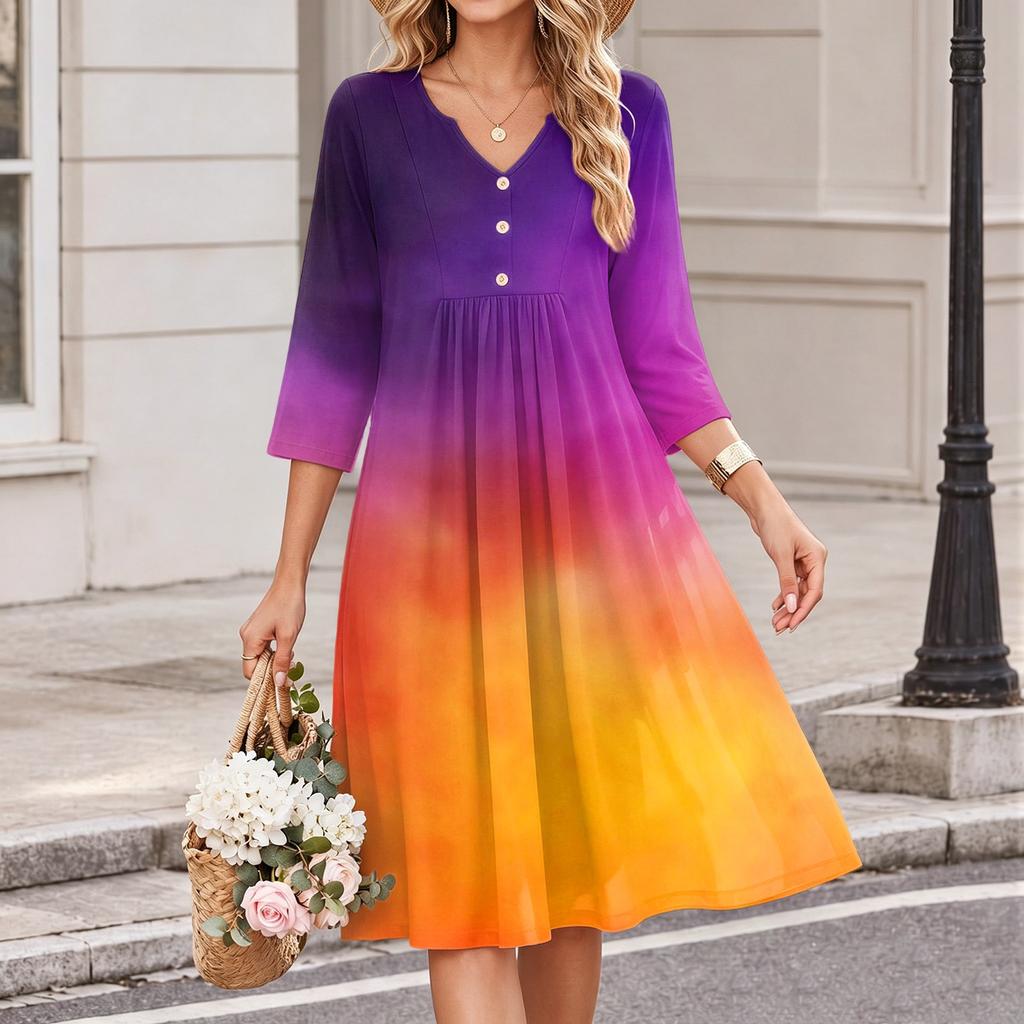 Women's Casual V-Neck Watercolor Print 3/4 Sleeve Dress