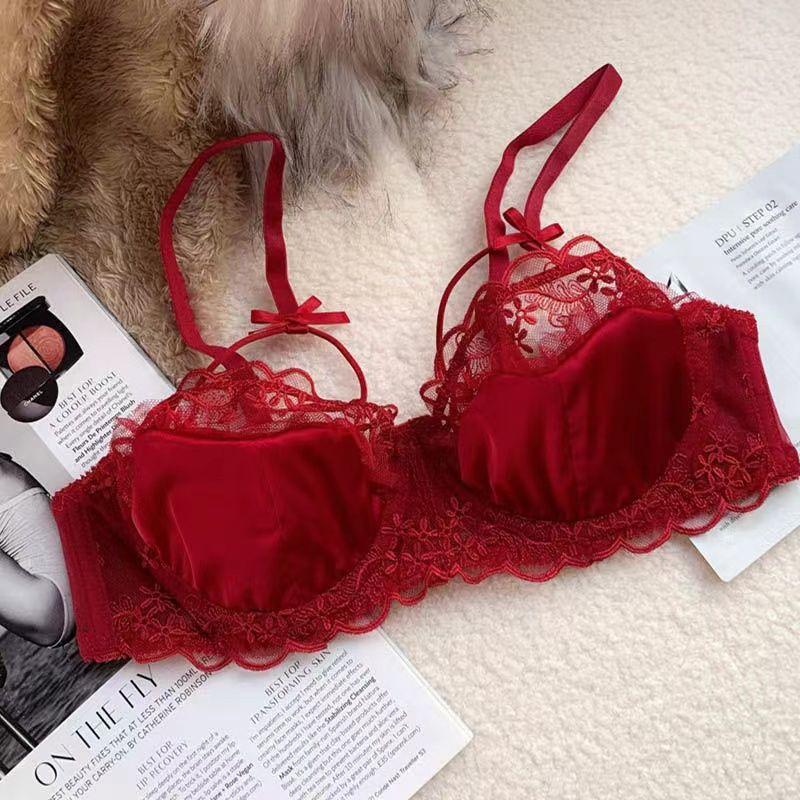 Sexy Pure Lace Half Cup Underwear Women's Small Breasts Gather Anti-sagging No Steel Ring Thin Bra Cover Set New