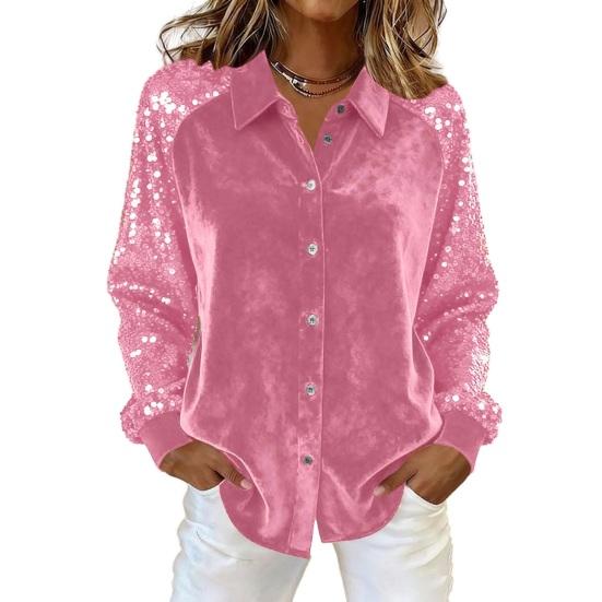 Yousheng Women Shirt Button-Down Lapel Long Sleeve Shirt Tops Solid Color Loose Fit Shiny Sequins Sleeve Velvet Shirt Cocktail Party Wear