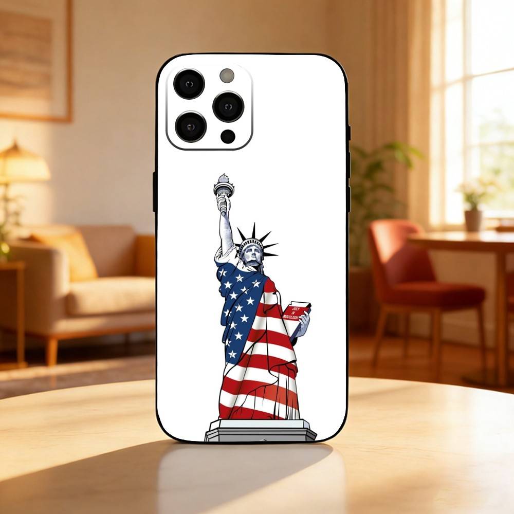 Statue of Liberty A-American Flag Phone Case For iPhone17,16,15,14,13,12 Plus,Max Soft Silicone Black Cover iPhone17air