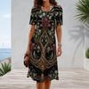 Women Plus Size Round Neck Short Sleeve Black Green Gold Printed A Line Midi Dress