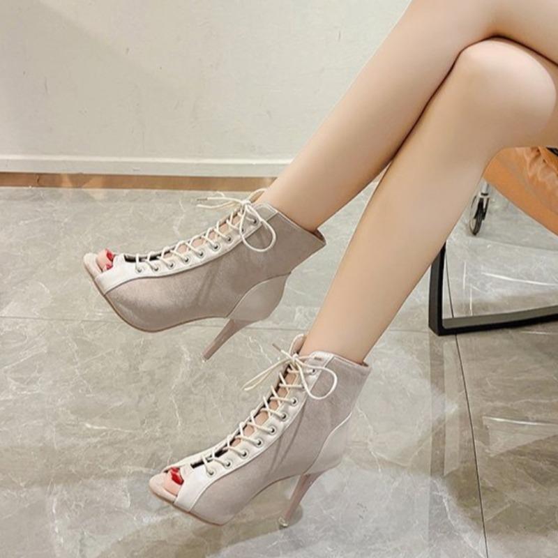 

Large Size Black Summer High Heels Ankle Boots for Women 2026 Suede Peep Toe Lace Up Pumps Party Jazz Dance Shoes Ladies 35 бежевий