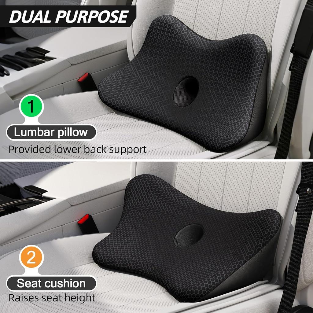 Benazcap 2 In 1 Lumbar Support Pillow for Car, Lower Back Support Pillow for Sciatica & Back Pain Relief, Memory Foam Seat Cushions for Car Seat,