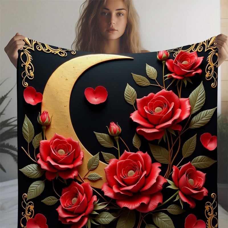 Rose Moon Print Blanket Soft Throw Blanket for Home Bedroom Bed Sofa Travel Office Solid Cover Blanket Valentine's Day