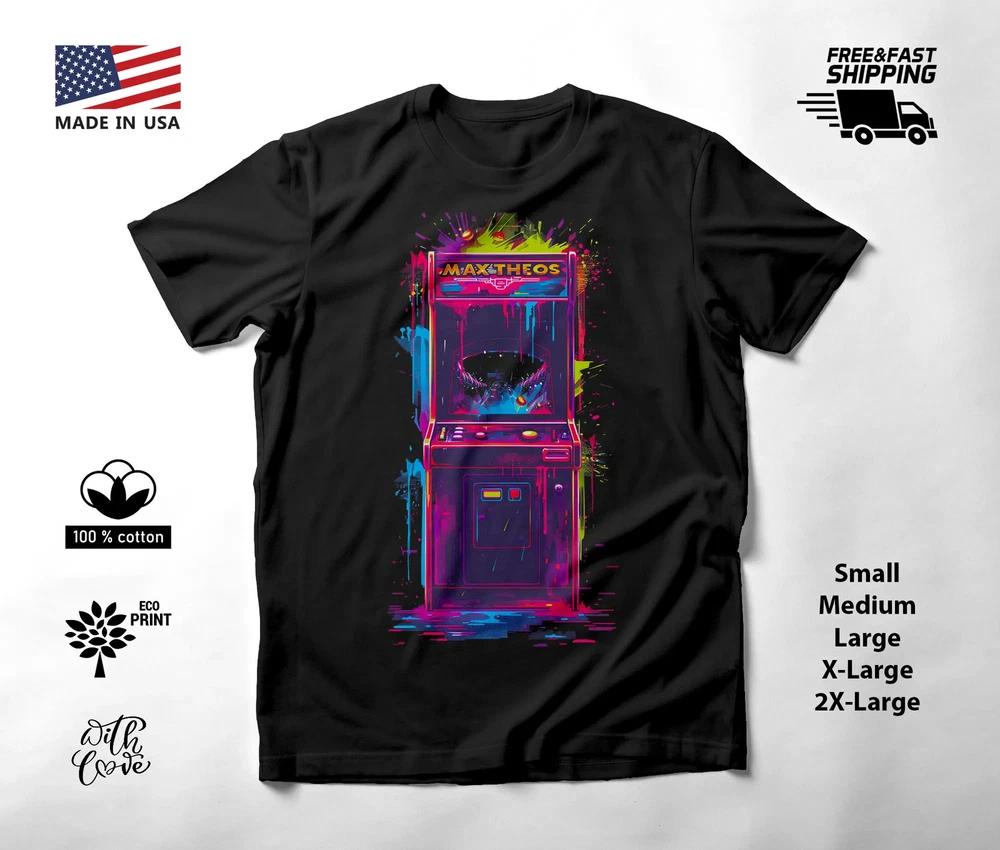 Retro Arcade Machine Neon Graphic T-Shirt Black Unisex S-2XL