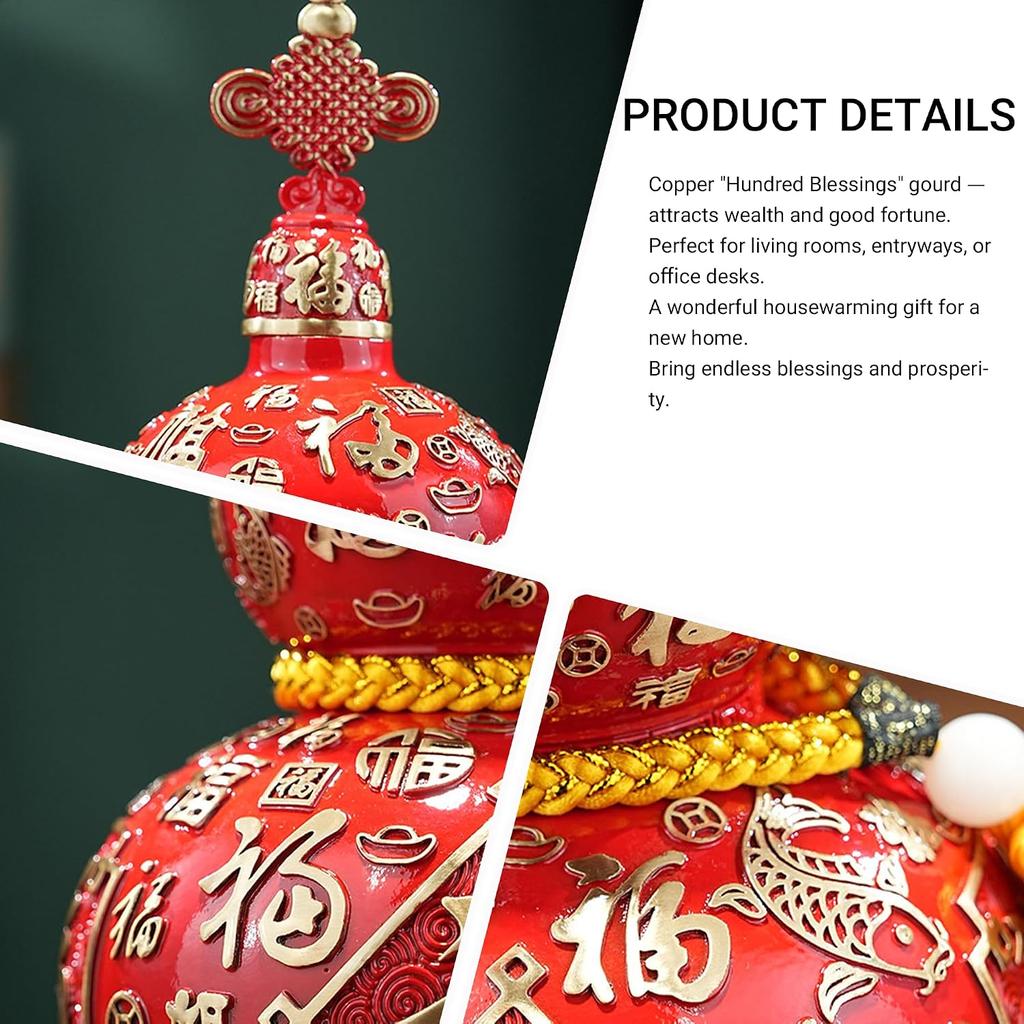 Aris & Juno Hand-Painted Copper Fortune Gourd with Blessing Characters, Traditional Chinese Hundred Blessings Symbol Statue, Feng Shui Office Desk