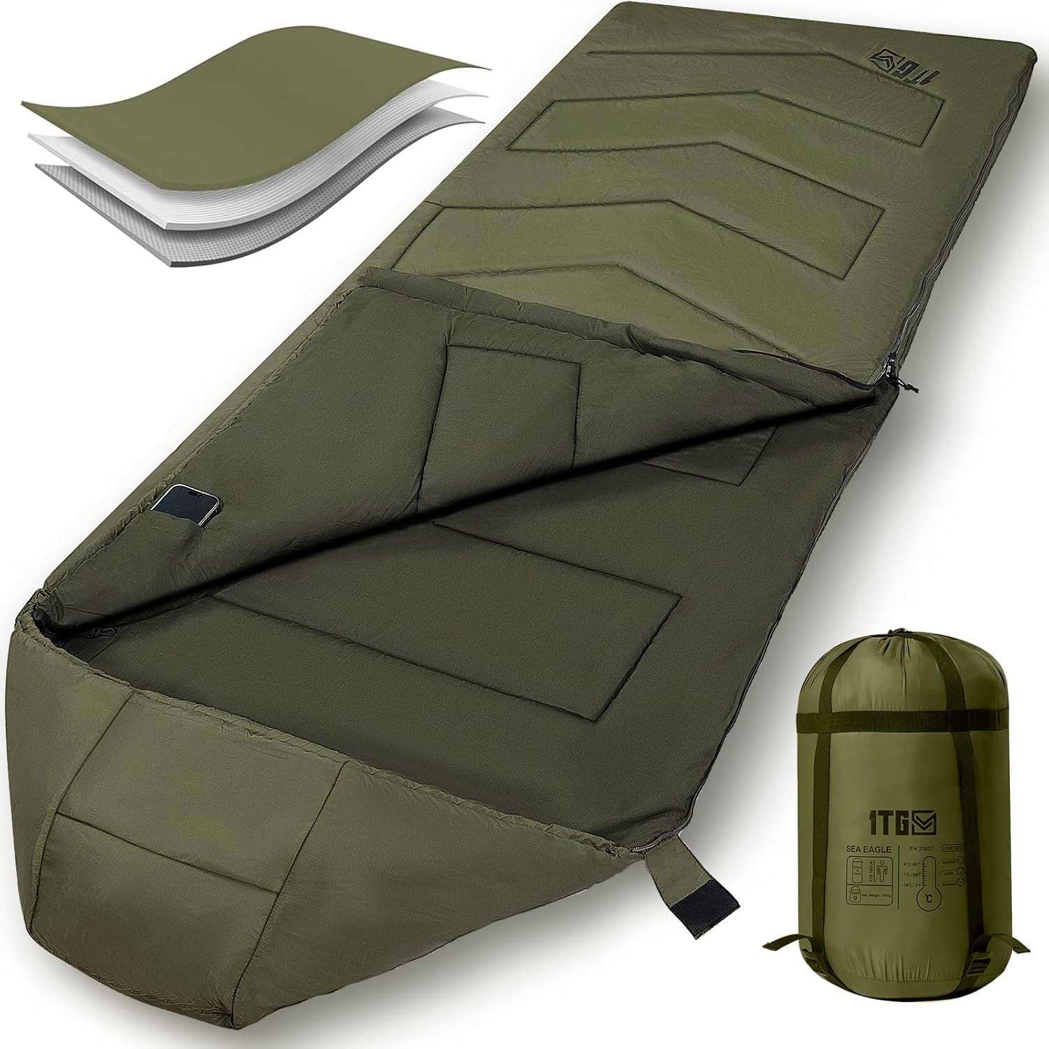 

1TG Tactical Summer Sleeping 500D 40D Perfect for and Car and Disaster Preparedness Bag, Envelope-Style, High-Performance Fill, Soft, Lightweight, зелений