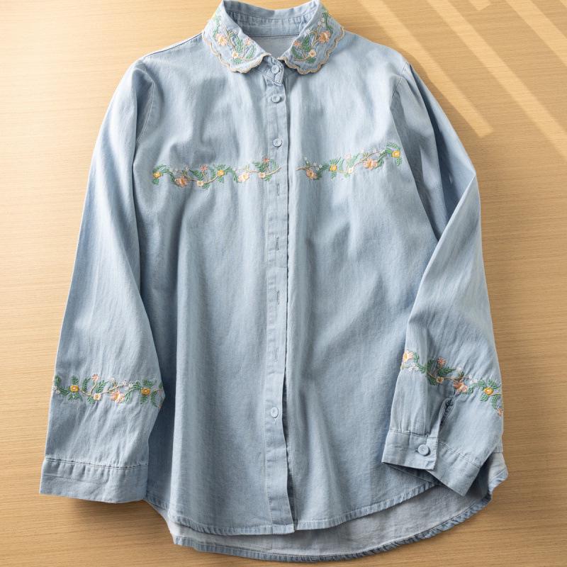 Women's Retro Cartoon Embroidered Cotton Denim Shirt - Long Sleeve, Casual Top for Spring/Autumn 2025