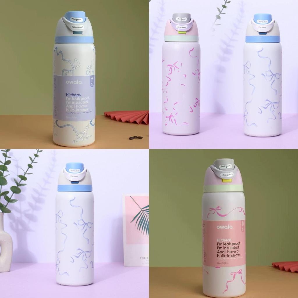 Ribbon Bow Pattern Print Insulated Water Bottle With Reusable Straw For Camping And Travel