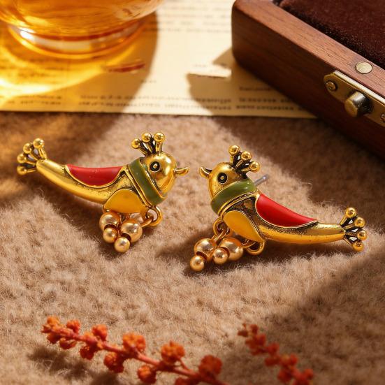 1 Pair Oil Dripping Bird Stud Earrings Hypoallergenic Alloy Enamel Red Bird Bell Earrings Lightweight Women Girls Earrings Fashion Jewelry